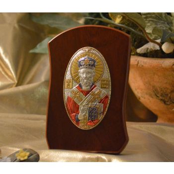 RL1000OLX Italian Silver Orthodox Greek Icon Saint Nicholas Made in Italy icon on a wood stand 