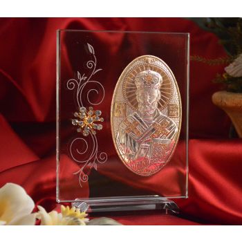 RL1100V Italian Silver Greek Orthodox Saint Nicholas icon on a glass stand 