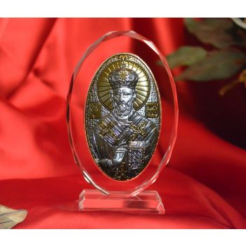 RL1100VO Italian Silver Greek Orthodox Saint Nicholas icon on a glass stand 