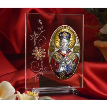 RL1100VX Italian Silver Greek Orthodox Saint Nicholas icon with colors on a glass stand 
