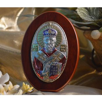 RL1100X Italian Silver Greek Orthodox Saint Nicholas icon with colors on a wood stand 