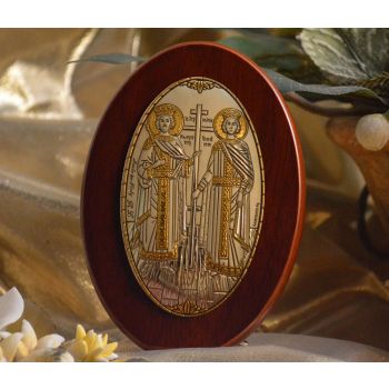 RL1210 Italian Silver Orthodox Greek Icon Saints Constantine & Helen Made in Italy icon on a wood stands 