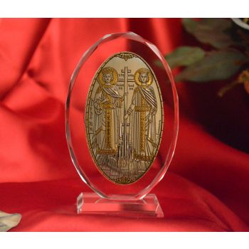 RL1210VO Italian Silver Orthodox Greek Icon Saints Constantine & Helen Made in Italy icon on a glass stand 