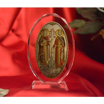 RL1210VOX Italian Silver Orthodox Greek Icon Saints Constantine & Helen Made in Italy icon on a glass stand 
