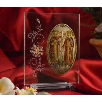 RL1210VX Italian Silver Orthodox Greek Color Icon Saints Constantine & Helen Made in Italy icon on a glass stand 