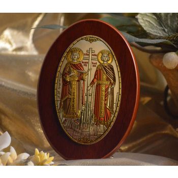 RL1210X Italian Silver Orthodox Greek Icon Saints Constantine & Helen Made in Italy icon on a wood stands 