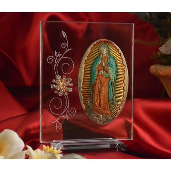 RL1230V Italian Silver Our Lady of Guadalupe Icon Made in Italy icon on a glass stands 