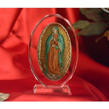 RL1230VO Italian Silver Our Lady of Guadalupe Icon Made in Italy icon on a glass stand