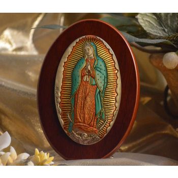 RL1230X Italian Silver Our Lady of Guadalupe Icon Made in Italy icon on a wood stands 