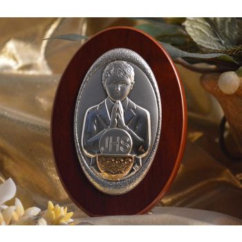 RL130 Italian Silver First Communion Boy icon on a wood stand 