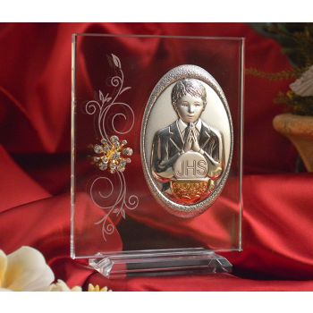 RL130V Italian Silver First Communion Boy icon on a glass stand 