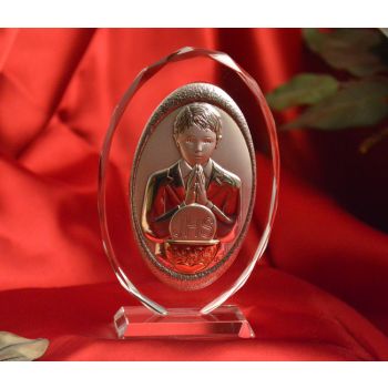RL130VO Italian Silver First Communion Boy icon on a glass stand 