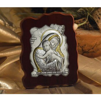 RL1320 Italian Silver Icon Mother and Child on a wood stand Made in Italy 