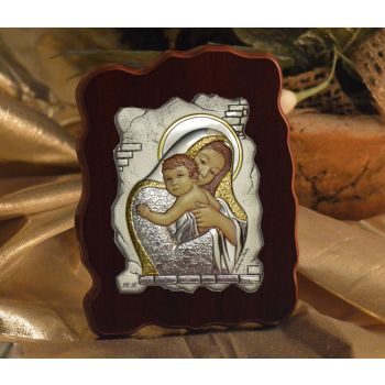 RL1330 Italian Silver Icon Mother and Child on a wood stand Made in Italy 