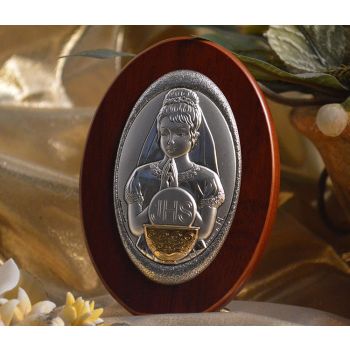 RL140 Italian Silver First Communion Girl icon on a wood stand 