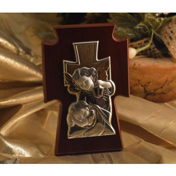 RL1400 Italian Silver Guardian Angel on a wood stand Made in Italy 