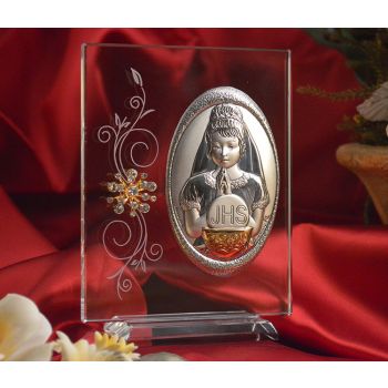 RL140V Italian Silver First Communion Girl icon on a glass stand 
