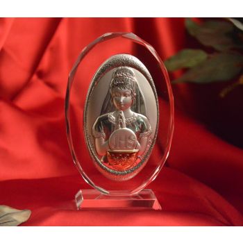 RL140VO Italian Silver First Communion Girl icon on a glass stand 