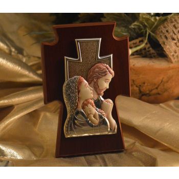 RL1430 Italian Silver Holy Family Color Icon on a wood stand Made in Italy 