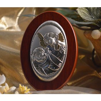 RL150 Italian Silver Guardian Angel icon on a wood stand 