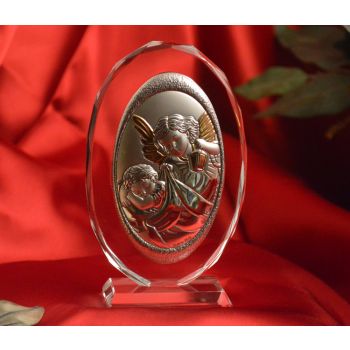 RL150VO Italian Silver Guardian Angel icon on a glass stand 