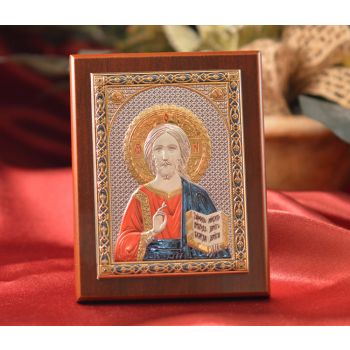 RL1510 Italian Silver Greek Orthodox Pantocrator Christ color icon on a wood stand 