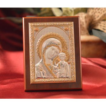RL1520 Italian Silver Greek Orthodox Our Lady of Kazan icon on a wood stand 