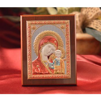 RL1530 Italian Silver Greek Orthodox Our Lady of Kazan color icon on a wood stand 