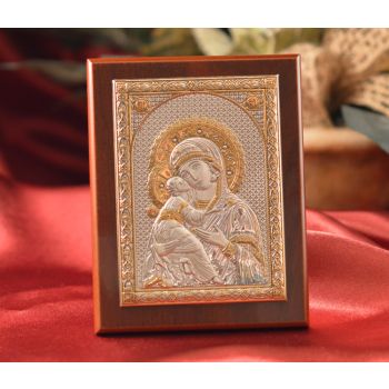 RL1540 Italian Silver Greek Orthodox Our Lady of Vladimir icon on a wood stand 