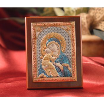 RL1550 Italian Silver Greek Orthodox Our Lady of Vladimir color icon on a wood stand 