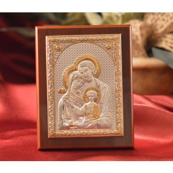 RL1560 Italian Silver Greek Orthodox Holy Family icon on a wood stand 