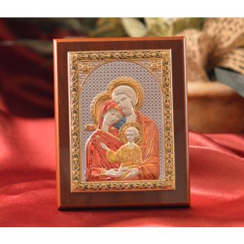 RL1570 Italian Silver Greek Orthodox Holy Family color icon on a wood stand 