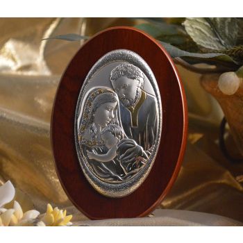 RL160 Italian Silver Holy Family icon on a wood stand 