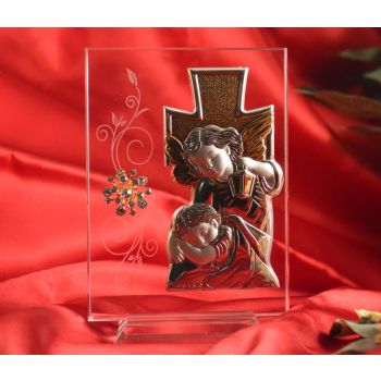 RL1600 Italian Silver Guardian Angel icon on a glass stand