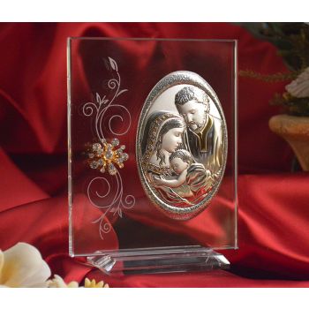RL160V Italian Silver Holy Family icon on a glass stand 