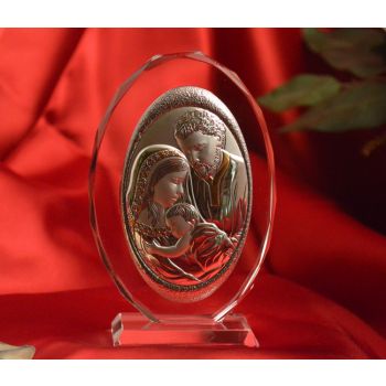 RL160VO Italian Silver Holy Family icon on a glass stand 