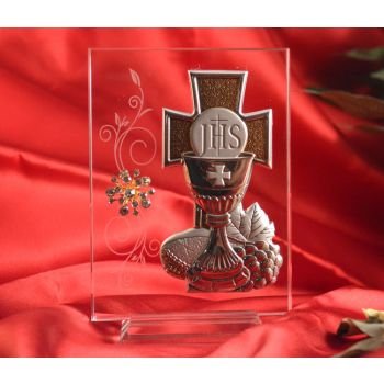 RL1610 Italian Silver First Communion icon on a glass stand 