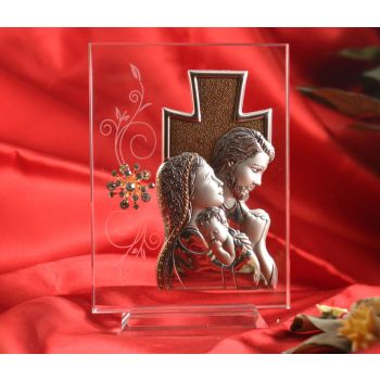 RL1620 Italian Silver Holy Family icon on a glass stand 