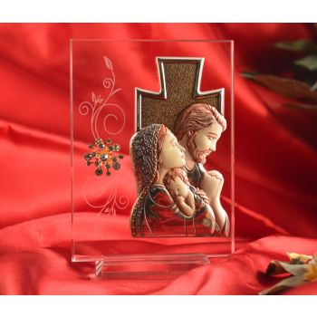 RL1630 Italian Silver Holy Family icon on a glass stand 