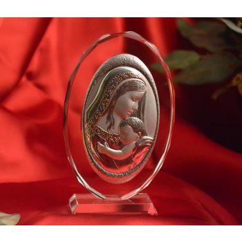 RL170VO Italian Silver Mother and Child icon on a glass stand 