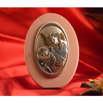 RL1760 Italian Silver Guardian Angel Icon Made in Italy icon on a wood stand(PINK)