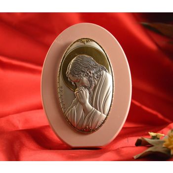 RL1770 Italian Silver praying Jesus Icon Made in Italy icon on a wood stand (PINK) 