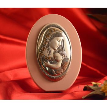 RL1790 Italian Silver Mother and Child Icon Made in Italy icon on a wood stand (PINK) 