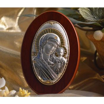RL180 Italian Silver Greek Orthodox Mother Mary icon on a wood stand 