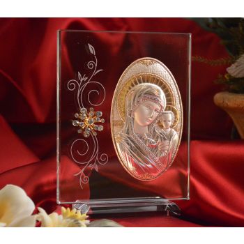 RL180V Italian Silver Greek Orthodox Mother Mary icon on a glass stand 