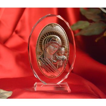 RL180VO Italian Silver Greek Orthodox Mother Mary icon on a glass stand 