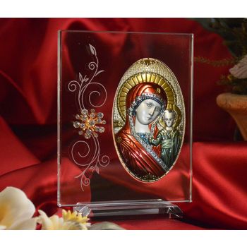 RL180VX Italian Silver Greek Orthodox Mother Mary icon with colors on a glass stand 