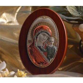 RL180X Italian Silver Greek Orthodox Mother Mary icon with colors on a wood stand 