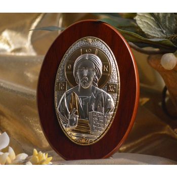 RL190 Italian Silver Greek Orthodox Christ icon on a wood stand 