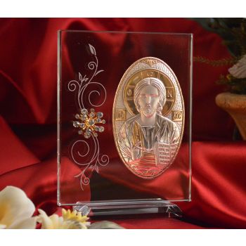 RL190V Italian Silver Greek Orthodox Christ icon on a glass stand 